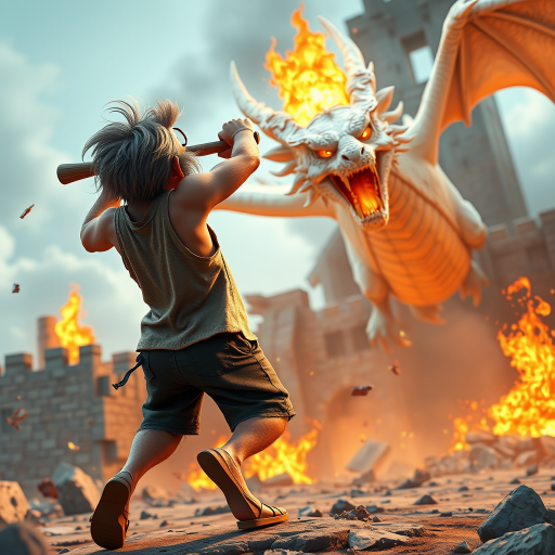 Cartoon 3D High-Resolution,dynamic battle scene using Unreal Engine 5 and Octane Render. The scene features back of an elderly, thai man with a beard,messy hair and round golden-rimmed glasses. He is wearing a tattered tank top with soot marks, shorts, and sandals. sweating. he wields a baseball bat. He jump to fight with a white fire-breathing Europe dragon amidst a partially destroyed stone castle. Include intense flames, smoke, and debris to enhance the dramatic effect.