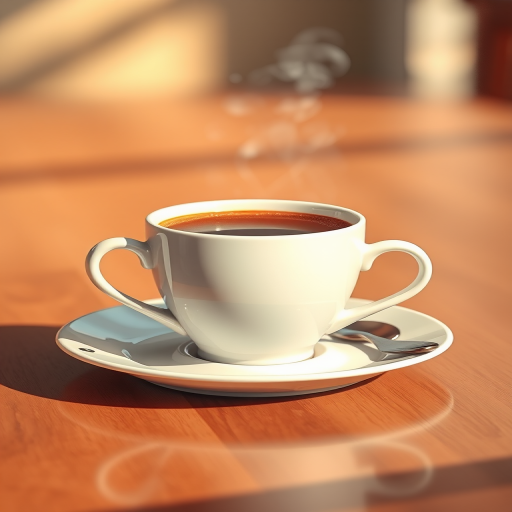Generate a high-resolution digital illustration of a steaming coffee cup on a saucer, emphasizing a warm color palette, with a focus on realistic textures and reflections, using 50mm lens, f/1.8 aperture, ISO 100, and a shallow depth of field, captured in soft natural lighting.
