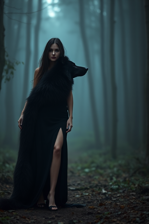 Regenerate the image of a woman in a black dress with a high slit standing next to a large black wolf in a misty forest setting, captured using a Canon EOS R5 with a 50mm f/1.2 lens, aperture set at f/1.2 for a shallow depth of field, ISO 200 for clear detail, and a soft diffused lighting style to enhance the mystical atmosphere.