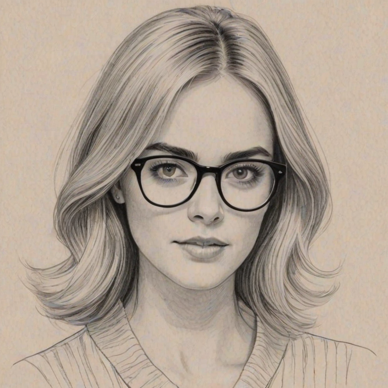 Delightful Emily Wickersham, pencil sketch, portrait of Charming woman 1962s in glasses, hair style beatnik, outline, clear lines, fine lines, 8k