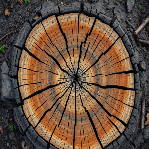 Create a high-resolution image of a cracked tree stump from a top-down perspective, using a DSLR camera with a 50mm lens, aperture set to f/2.8, ISO 100, and natural lighting to enhance texture and detail.