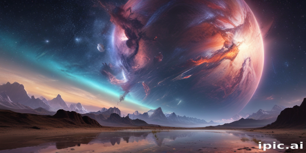 Majestic Cosmic Landscape with a Vibrant Planet Over Serene Alien Waters