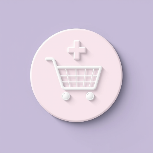 Create an image of a shopping cart icon with a plus sign in a flat design style, using a Canon EOS R5 camera with an aperture of f/2.8, ISO 100, and a 50mm lens, shot from a top-down view to enhance clarity and detail.