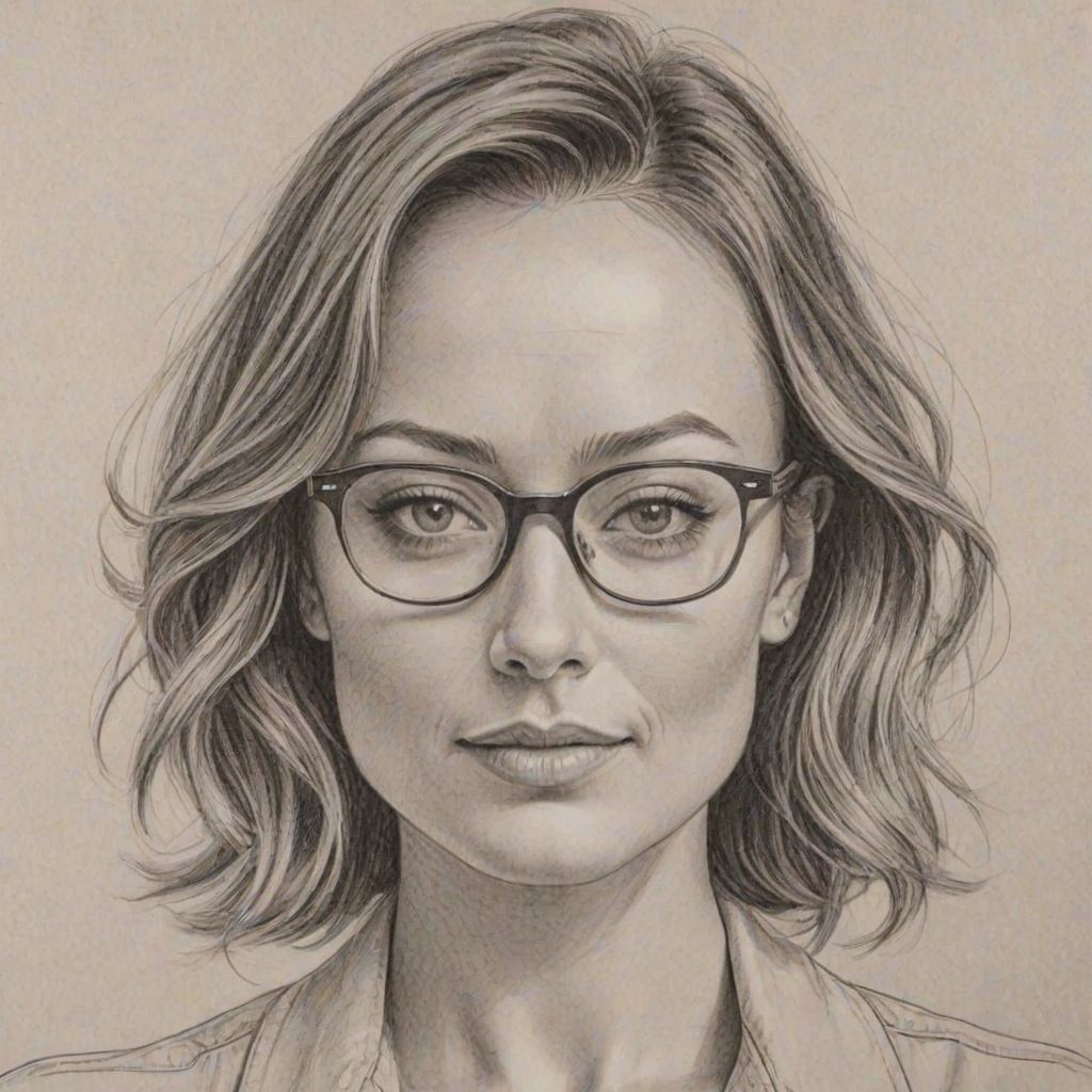 Fetching Olivia Wilde, pencil sketch, portrait of Lovely woman 1956s in glasses, hair style beatnik, outline, clear lines, fine lines, 8k