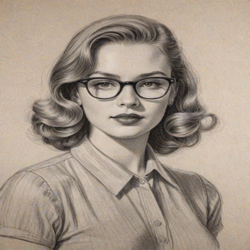 Radiant Morgan Saylor, pencil sketch, portrait of Alluring woman 1939s in glasses, hair style beatnik, outline, clear lines, fine lines, 8k