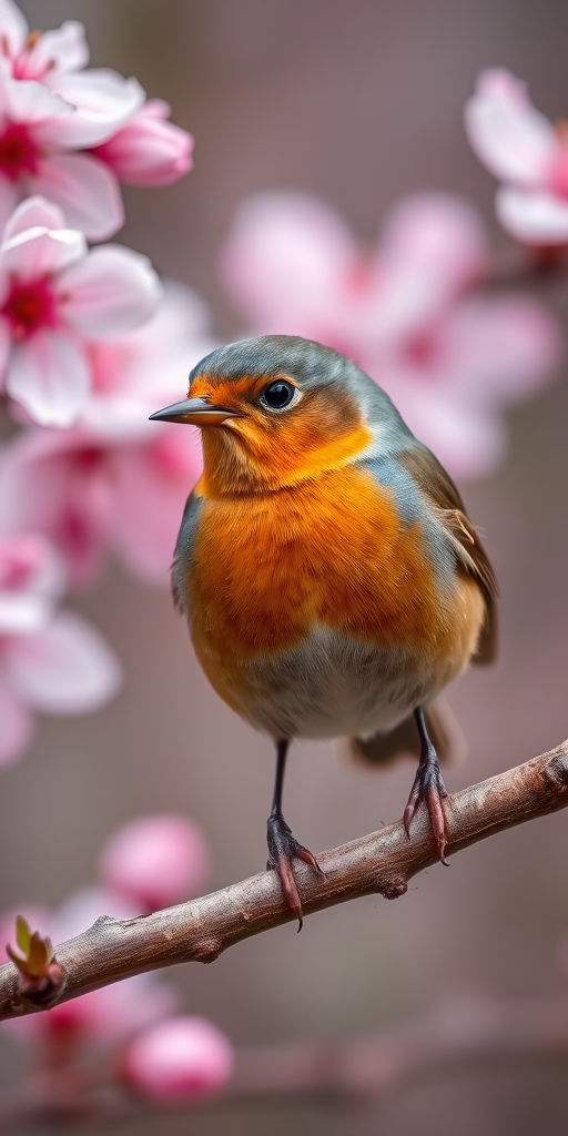 capture a close-up of a robin perched on a branch with pink blossoms in the background, use a DSLR camera with a 85mm lens, aperture set at f/2.8 for shallow depth of field, ISO 200, and shutter speed 1/250s for sharpness and detail.