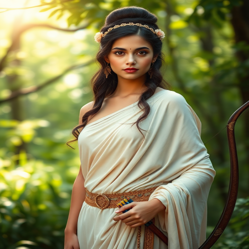 Create a portrait of a goddess-like Nepali girl figure in a tranquil, forested environment. She has an elegant appearance with long, wavy hair styled in an updo and adorned with a delicate, floral headband. She wears a flowing, ancient Greek-inspired gown in a soft, pale color, featuring a one-shoulder design and draped fabric that accentuates her graceful form. The outfit includes a decorative belt with ornate gold detailing, and she holds a bow in her hand, with a quiver of arrows slung over her shoulder. The background depicts lush greenery, with sunlight filtering through the trees, casting a gentle, ethereal light on the scene. Her expression is calm and contemplative, embodying a sense of wisdom and serenity.