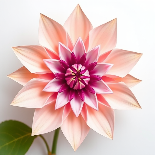 Create a high-resolution digital illustration of a geometric flower with sharp star-like petals in pastel colors, use a Canon EOS R5 camera, 50mm lens, f/2.8 aperture, ISO 100, in a flat lay view, with soft natural lighting to enhance colors and details.