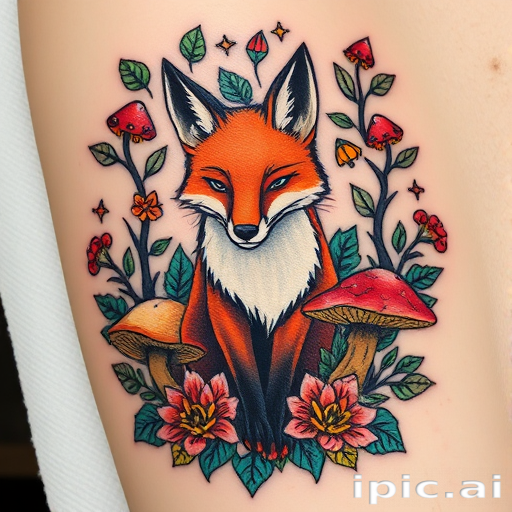Neo-traditional tattoo named "Enchanted Forest" featuring a stylized fox surrounded by lush foliage and magical mushrooms, rendered in a palette of rich earthy tones and accented with pops of teal and gold, blending classic and contemporary tattoo styles