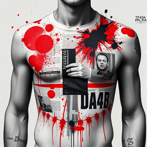 Striking trash polka style chest piece combining bold red splatters with photorealistic black and gray elements, featuring torn newspaper clippings and abstract shapes