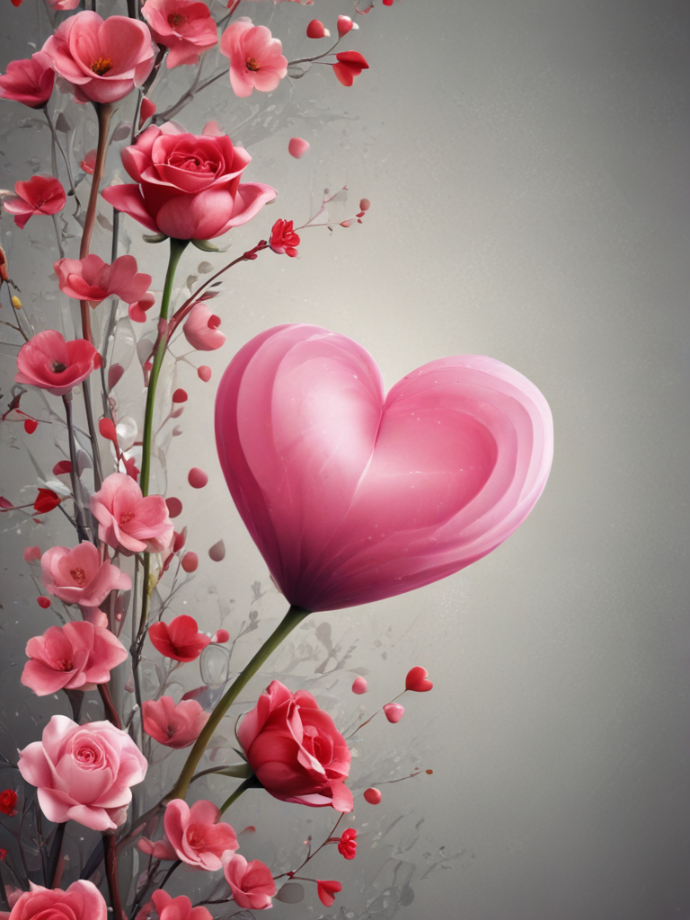 Delicate Pink Heart Surrounded by Beautiful Blossoming Flowers and Petals
