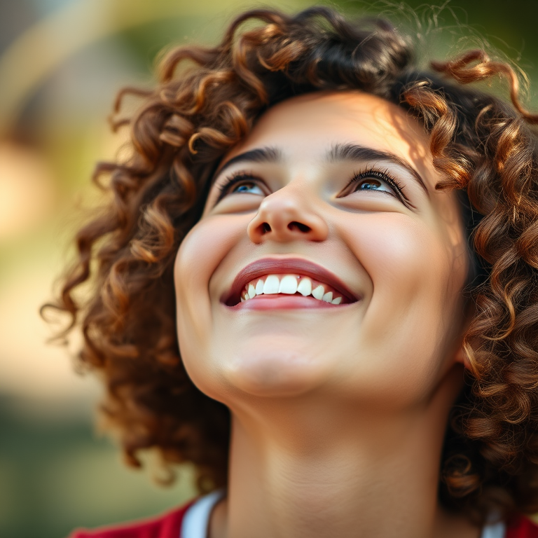 Generate a high-resolution portrait of a person with curly hair looking joyfully upward, captured with a DSLR camera at f/2.8 aperture, ISO 100, shutter speed 1/250s, using a soft focus lens, natural lighting, and a shallow depth of field.