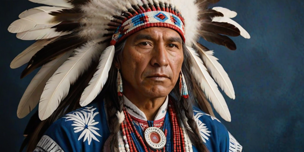 Create a dignified portrait of a Native American man dressed in traditional attire. He wears a beautifully crafted headdress adorned with white feathers and red beads, along with a beaded headband featuring intricate patterns. His clothing includes a deep blue, patterned shirt and a traditional chest piece with detailed beadwork. His arms are crossed, displaying leather armbands decorated with feathers. The background is simple and neutral, emphasizing his proud and stoic expression. The overall image captures the rich cultural heritage and strength of his persona.