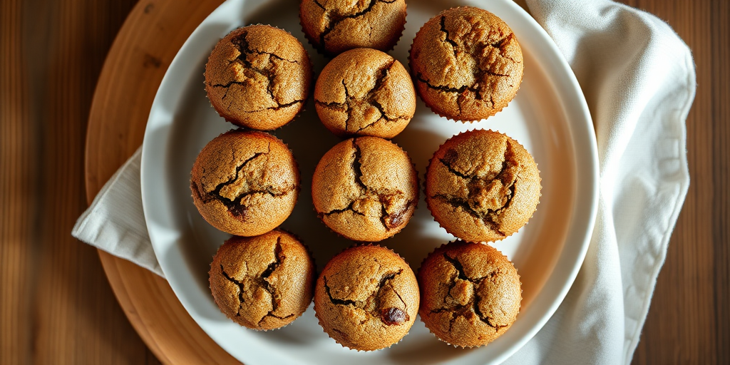 high-quality image of a round plate with freshly baked muffins arranged neatly on it, natural lighting, 50mm lens, aperture f/2.8, ISO 200, top-down view, DSLR camera