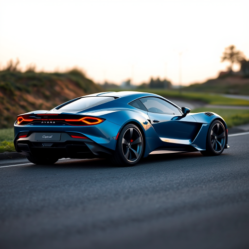 Generate an image of a luxury sports car parked on the side of a road during what appears to be dawn or dusk, given the soft light and shadows. The car should have a sleek design with aerodynamic features, a low-profile stance, and large, alloy wheels. It should display a contemporary color scheme, possibly a unique shade of blue that matches well with the ambient light in the setting. The vehicle's bodywork should gleam, reflecting the surrounding environment, and it should have distinctive lighting accents that enhance its sporty appearance. In the background, there should be a roadside with a grassy embankment on one side and possibly some trees or shrubbery along the edge of the pavement. The overall mood of the image should convey a sense of luxury, speed, and the tranquility of an early morning or late evening drive.