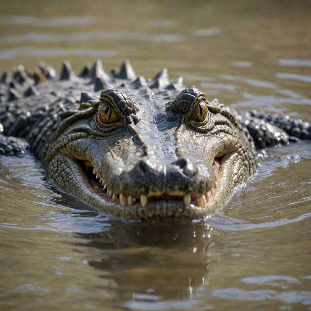 a close-up of a crocodile's head partially submerged in water, showcasing its textured skin and piercing eyes, with a blurred natural background