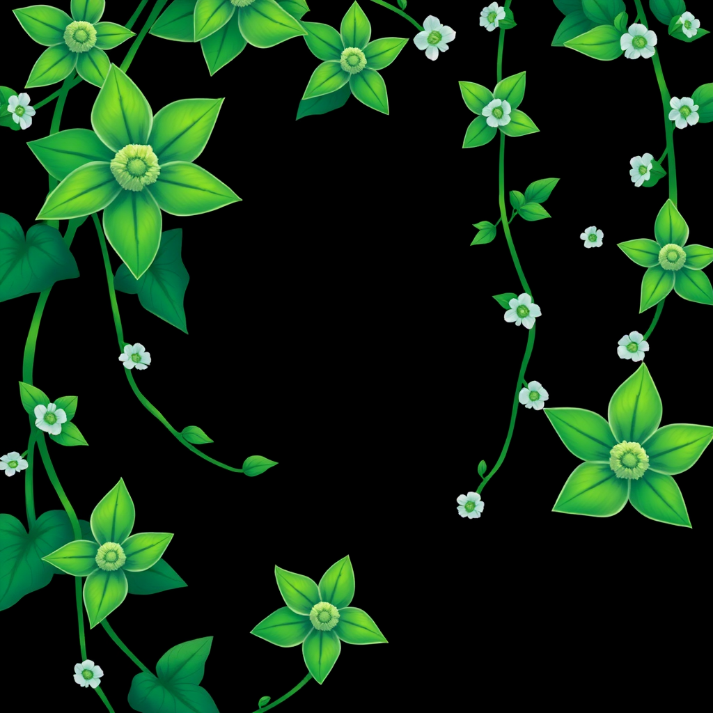 Create a vibrant illustration of green vines with five-pointed flowers and circular white centers, against a clean black background, using digital art techniques with a focus on high contrast, enhanced saturation, and smooth gradients, captured with a Canon EOS R5 at f/2.8, ISO 100, 1/60 sec, in macro photography style to emphasize details.