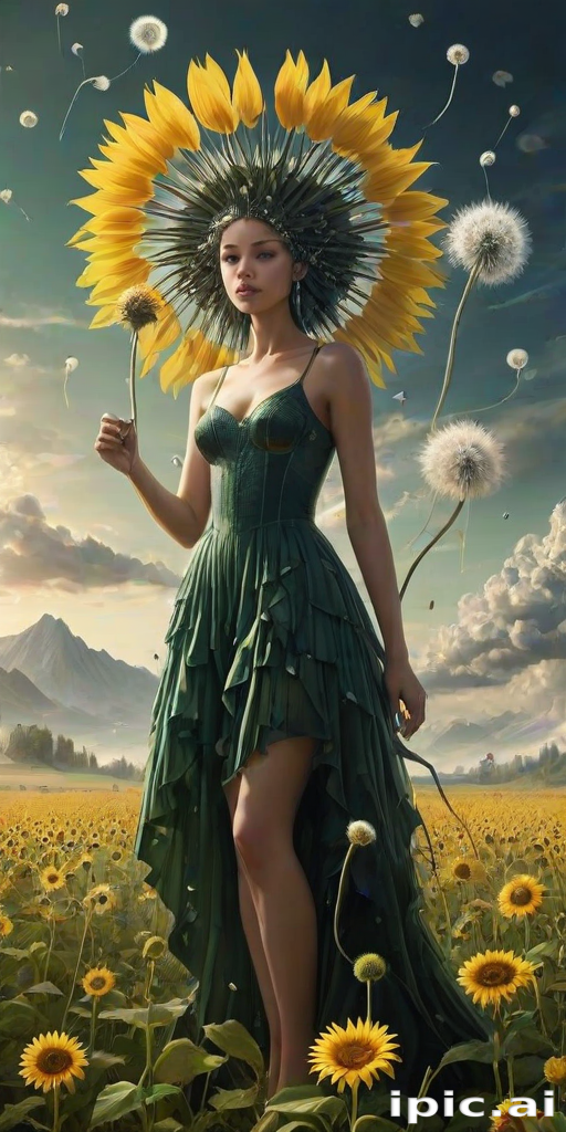 A surreal allegory featuring ethereal fairies, towering sunflowers, and an enigmatic witch, all set within a dreamlike landscape. The scene is dominated by a colossal dandelion, its delicate seeds floating through the air, reminiscent of Yves Tanguy's abstract forms. The environment is a blend of otherworldly elements and natural beauty, with twisted, elongated shapes and surreal colors that evoke a sense of mystery and enchantment.