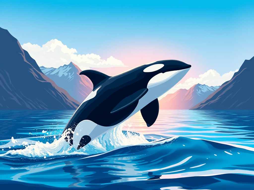 Create a vibrant digital illustration of an orca whale leaping out of blue water with mountains in the background, using a wide-angle lens effect, with a focus on sharp colors and high contrast, captured as if taken by a DSLR camera at f/8, ISO 100, with a 24mm lens, in a clean, modern style.