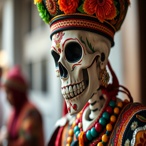 Create an image of a decorated skeleton man in a colorful traditional costume with intricate details, sharp focus, shallow depth of field, shot with a DSLR camera at f/1.8, ISO 100, 50mm lens, in soft natural light, capturing an intense expression against a blurred background.