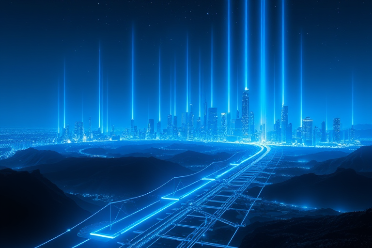 create a futuristic digital landscape featuring a glowing blue skyline with light beams extending upwards, shot with a DSLR camera at 50mm, f/1.8 aperture, ISO 200, in low light conditions with a long exposure effect to enhance brightness and clarity.
