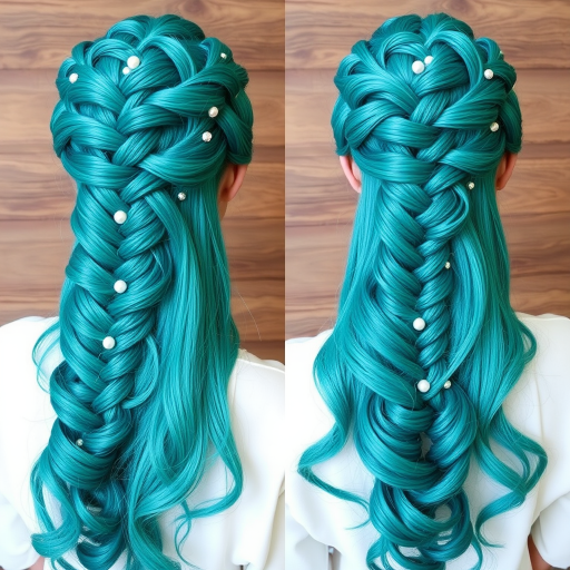 Mesmerizing teal mermaid braids, known as "Ocean Empress," incorporate intricate plaits and waves reminiscent of the sea, adorned with pearlescent accents