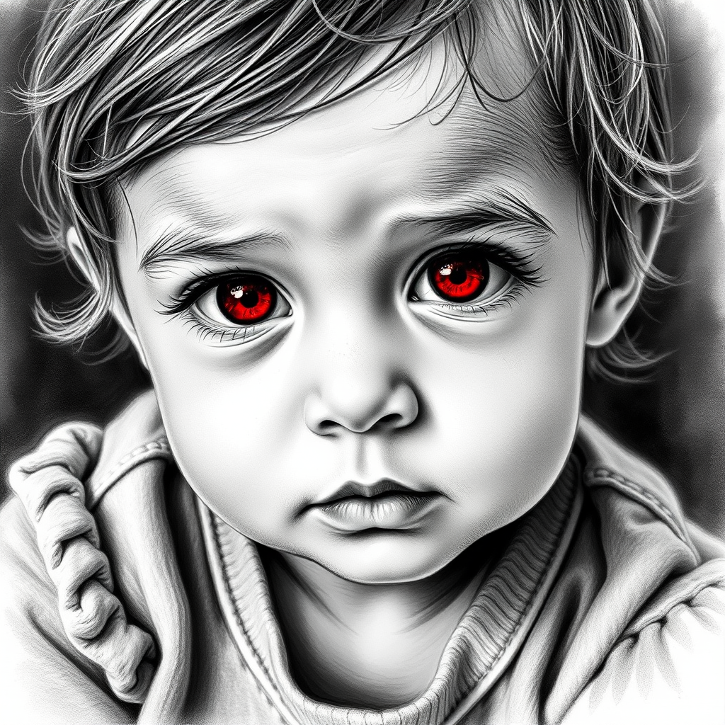 A hyperdetailed photorealistic black and white sketch of a beautiful toddler with deep red eyes, with a macro focus