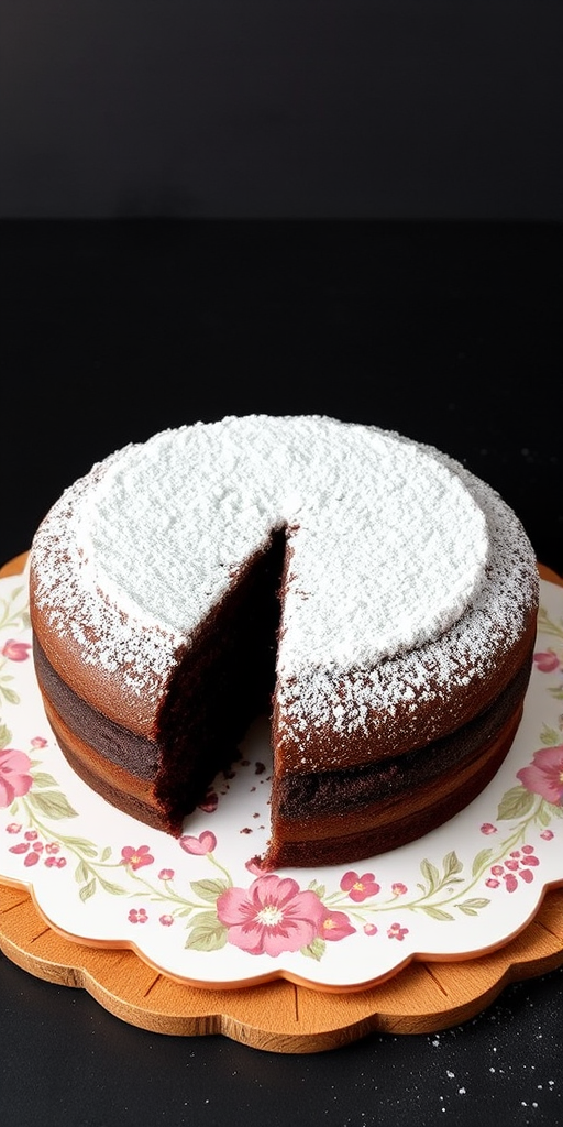 A freshly baked chocolate cake with a slice cut out, topped with powdered sugar, placed on a decorative cake board, with a dark textured background.