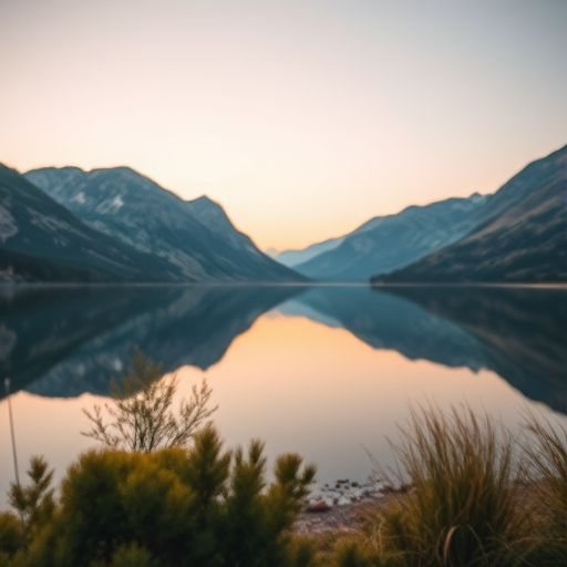 Capture a high-resolution image of a serene landscape featuring a calm lake reflecting the surrounding mountains at sunrise, with a soft focus effect, using a DSLR camera with a 35mm lens, aperture set to f/11, ISO 100, and a shutter speed of 1/125 sec for crisp details and vibrant colors.