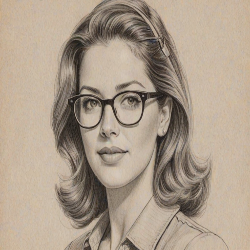 Delightful Julie Gonzalo, pencil sketch, portrait of Alluring woman 1948s in glasses, hair style beatnik, outline, clear lines, fine lines, 8k