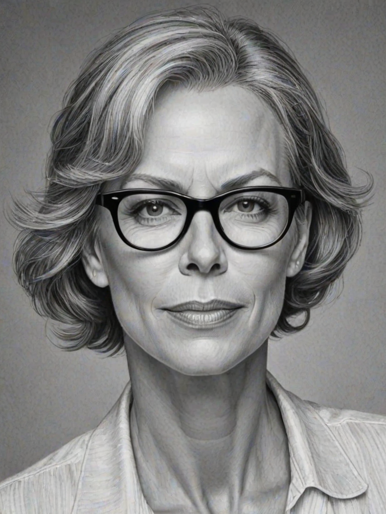 Exquisite Jamie Lee Curtis, pencil sketch, portrait of Enchanting woman 1937s in glasses, hair style beatnik, outline, clear lines, fine lines, 8k