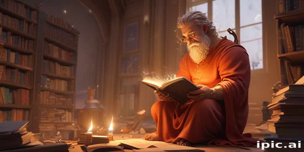 A Wise Old Wizard Enveloped in Magical Light While Reading Ancient Texts