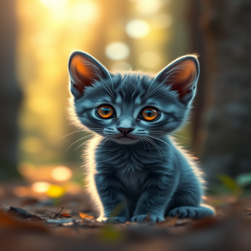 Create a highly detailed digital illustration of a cute blue kitten with large orange eyes sitting in a forest, shot with a Canon EOS 5D Mark IV, 50mm lens, f/1.8 aperture, ISO 200, in a soft focus style with warm bokeh background highlights.