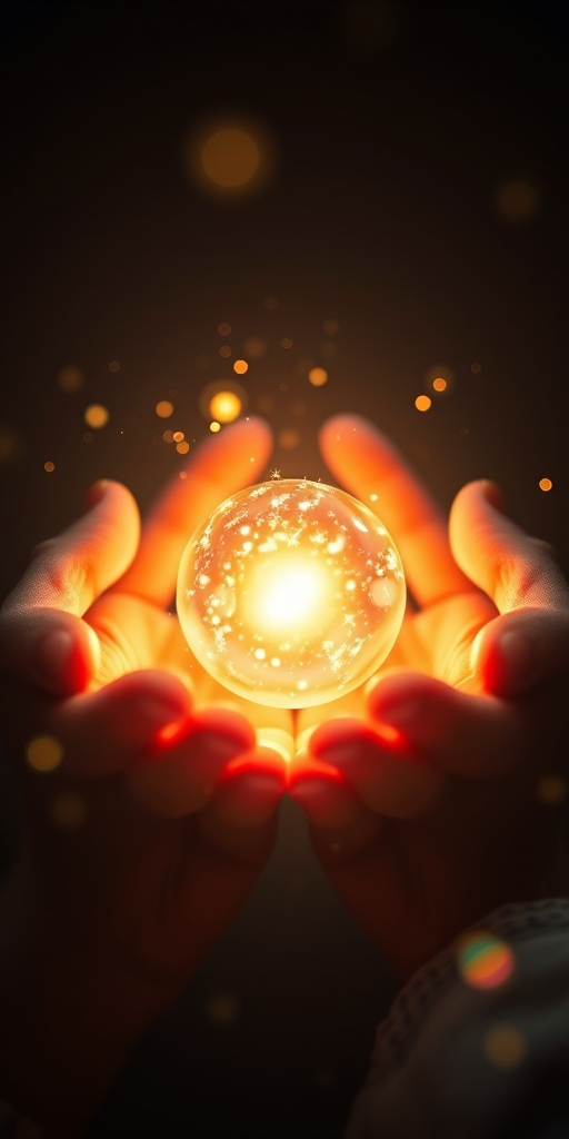 Create an image of two hands gently cupping a bright, glowing orb of light with sparkling particles surrounding it, shot with a DSLR camera at f/2.8, 50mm lens, ISO 100, soft-focused background, and dramatic lighting for enhanced depth and quality.