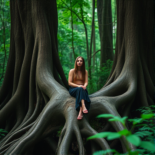 A mystical forest scene featuring a woman with long hair sitting on a large tree root structure, surrounded by lush greenery, shot with a Canon EOS R5, 50mm lens, aperture f/1.8, ISO 200, 1/200s, natural lighting, shallow depth of field, focus on the subject with soft bokeh effect in the background.