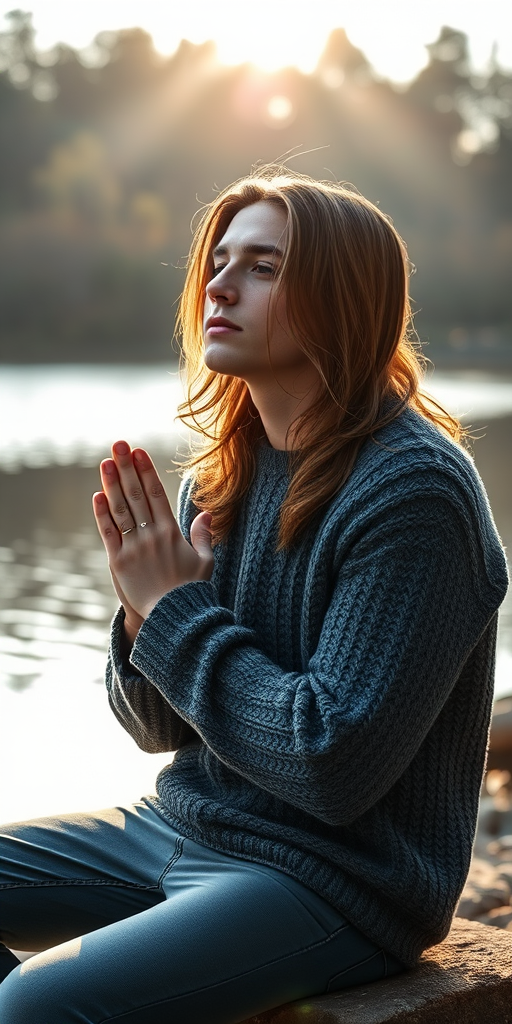 A young man with long hair in a knitted sweater sitting by a serene lake, hands in prayer position, soft morning light filtering through trees, shot with a Canon EOS R5, 50mm f/1.2 lens, aperture f/1.8, ISO 200, with shallow depth of field for background blur and enhanced color saturation.