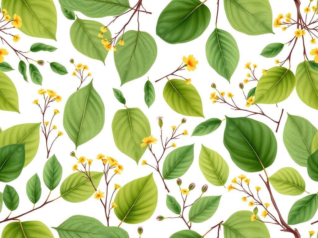 create a seamless pattern of various green leaves, yellow flowers, and delicate branches on a white background