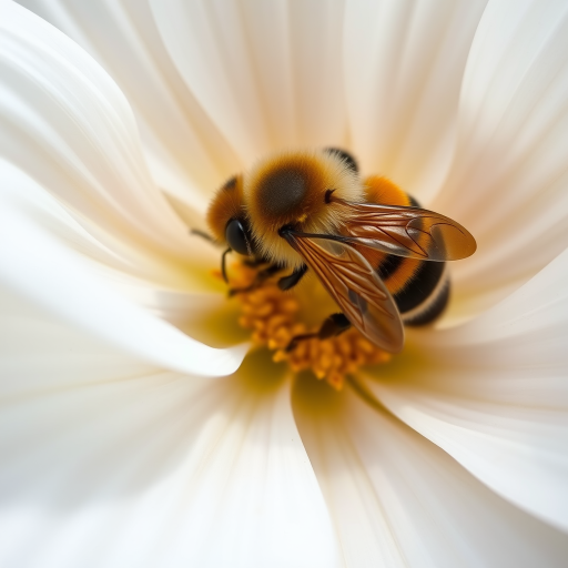 A close-up photo of a bee with orange and black stripes resting on the center of a large white flower, showcasing delicate petals and intricate details of the bee and flower.