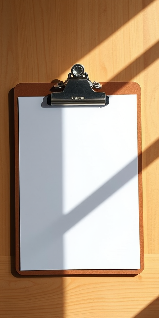 Create a high-resolution digital illustration of a clipboard with a blank sheet, using a Canon EOS 5D Mark IV with a 50mm f/1.8 lens, in natural lighting, from a top-down view, emphasizing vibrant colors and clean lines.