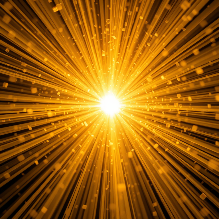 Create an abstract image of a bright central light with radiating streaks of golden particles, using a Canon EOS R5, 24mm lens, f/1.8 aperture, ISO 100, 1/500 sec shutter speed, shot from a close-up perspective to enhance depth and detail.