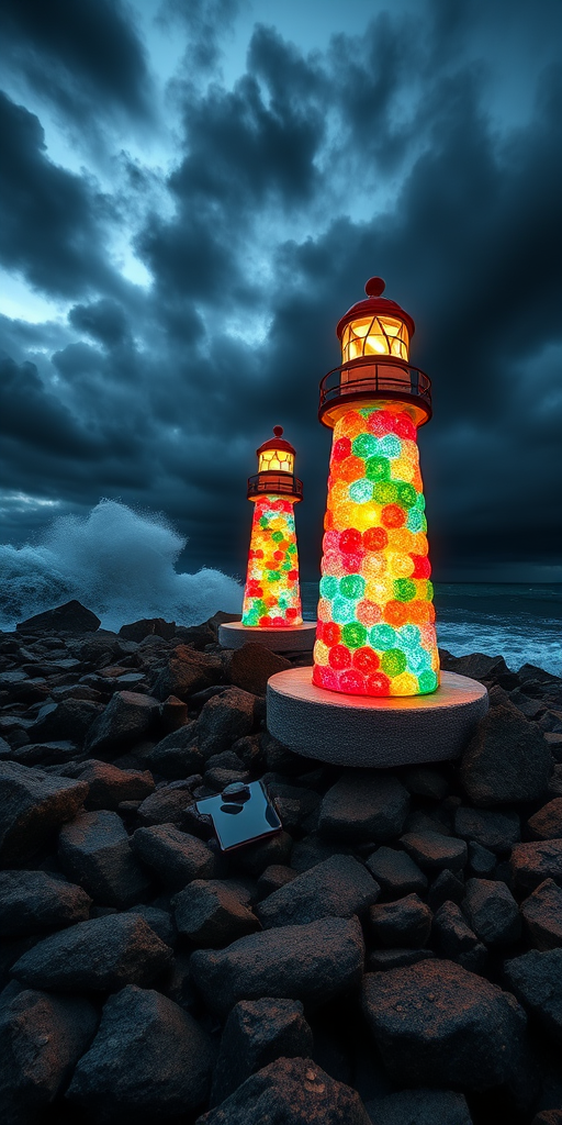 Create a vibrant and surreal image of two luminous lighthouses made of colorful candies on a rocky shore, with dramatic stormy skies and crashing waves, captured with a DSLR camera at f/8 aperture, ISO 100, 1/250 sec shutter speed, wide angle lens, in HDR style for enhanced detail and color.