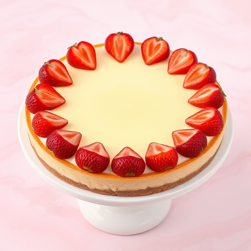 Create an image of a round cheesecake with a creamy yellow filling and a graham cracker crust topped with fresh strawberries arranged in a circle and decorative whipped cream swirls around the edge on a white cake stand with a soft pink marbled background.
