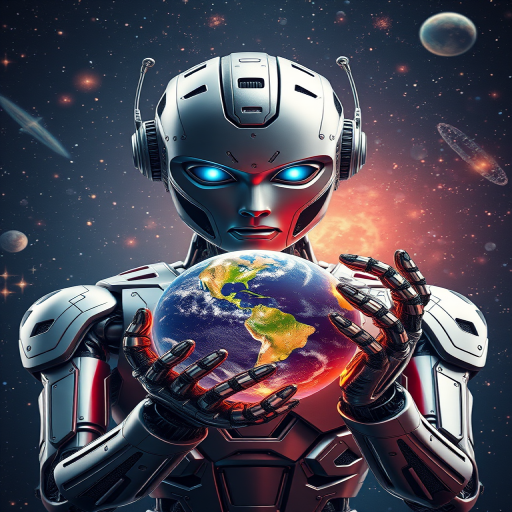 Create a hyper-realistic image of a futuristic humanoid robot with intricate metallic details, holding a glowing Earth in its hands, set against a cosmic background filled with stars and celestial bodies, using a DSLR camera, 50mm lens, aperture f/1.8, ISO 200, focus on the robot's face, vibrant colors, and high dynamic range.