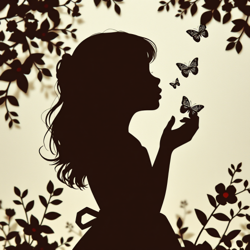 Regenerate the paper art scene featuring a silhouette of a girl blowing a kiss with butterflies and foliage, shot with a Canon EOS R5, 50mm f/1.8 lens, aperture at f/2.8, ISO 100, soft lighting, and a shallow depth of field for a dreamy effect.