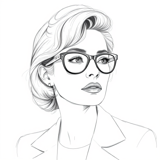 Beautiful Lauren Bacall, pencil sketch, portrait of beautiful woman 60s in glasses, hair style beatnik, outline, clear lines, fine lines, 8k