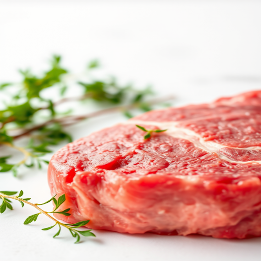 Generate a high-resolution image of a raw steak on a white background, close-up view, using a DSLR camera with a 50mm lens, aperture set to f/2.8, ISO 100, and natural lighting for enhanced detail and color contrast.