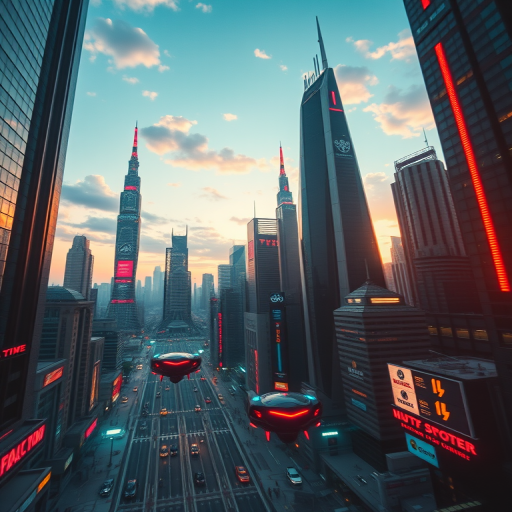 Create an image of a futuristic cityscape with towering skyscrapers, neon lights, and flying vehicles at sunset, captured with a full-frame camera, 24mm lens, f/8 aperture, ISO 200, shutter speed 1/250s, wide-angle perspective.