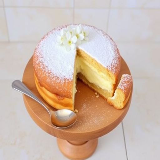 A beautifully presented cream-filled pastry cake on a wooden cake stand with a silver serving spoon beside it. The cake has a golden-brown flaky crust, dusted with powdered sugar, and a creamy filling visible in the sliced portion. Delicate white flowers are arranged on top for decoration, set against a light-colored tiled background.