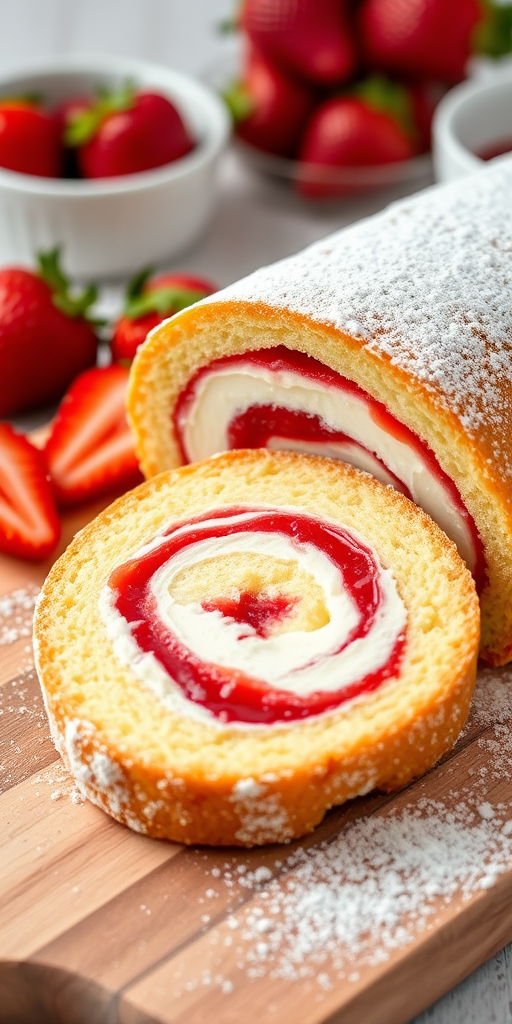 A close-up image of a freshly baked strawberry rolled cake on a wooden cutting board dusted with powdered sugar with sliced strawberries and a small bowl of jam in the background. The cake has a soft yellow sponge and a swirled filling of cream and strawberry jam.