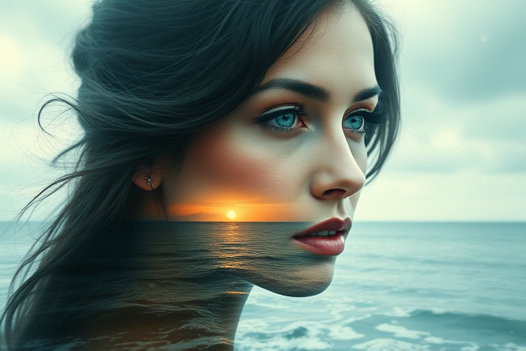 design Book cover, A surreal double exposure portrait that blends a woman's face with a beautiful seascape. The overall mood is dreamy and mystical, with rich colors and intricate details